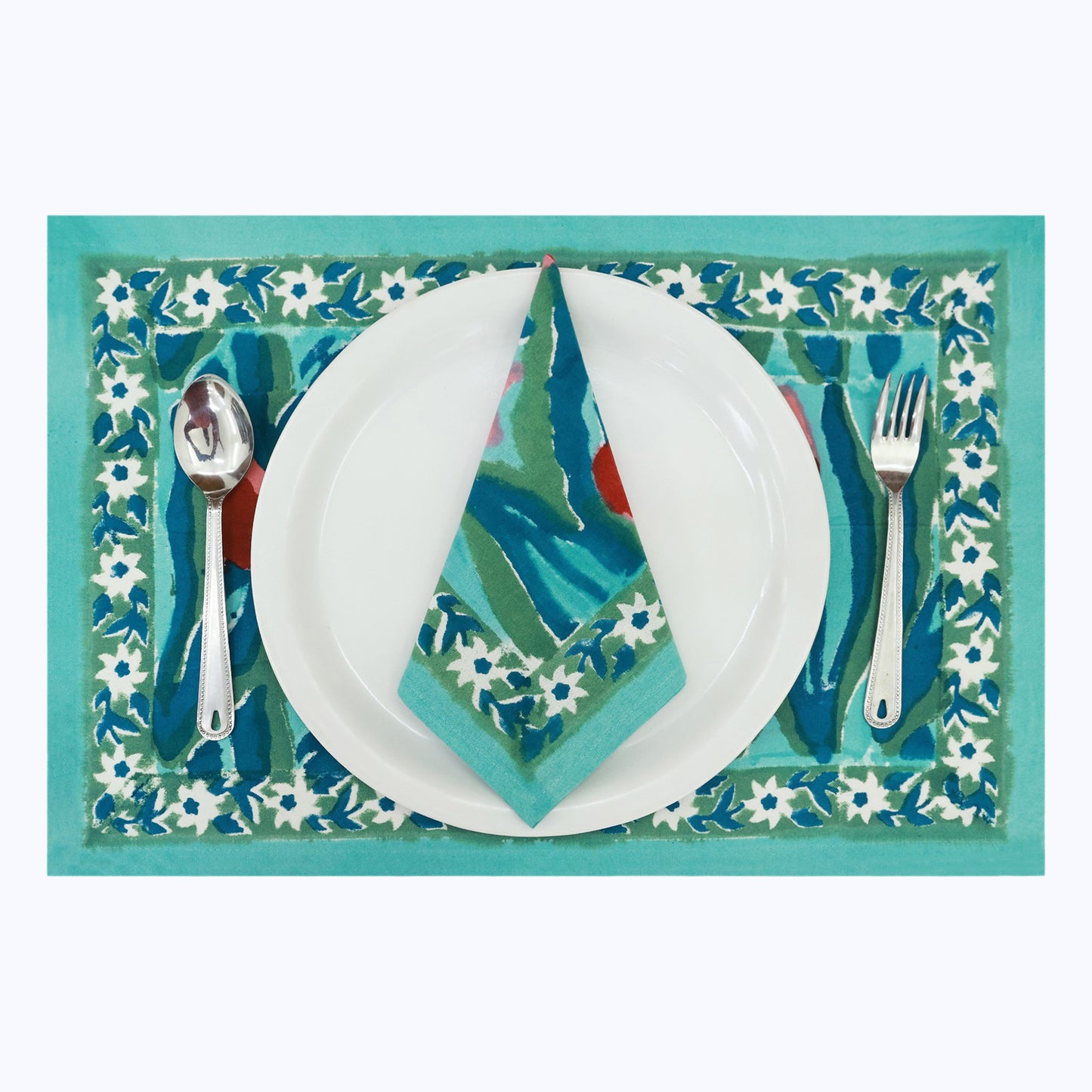 Green and Red Hand Block Printed Cotton Napkins Set Of 4 - My Store