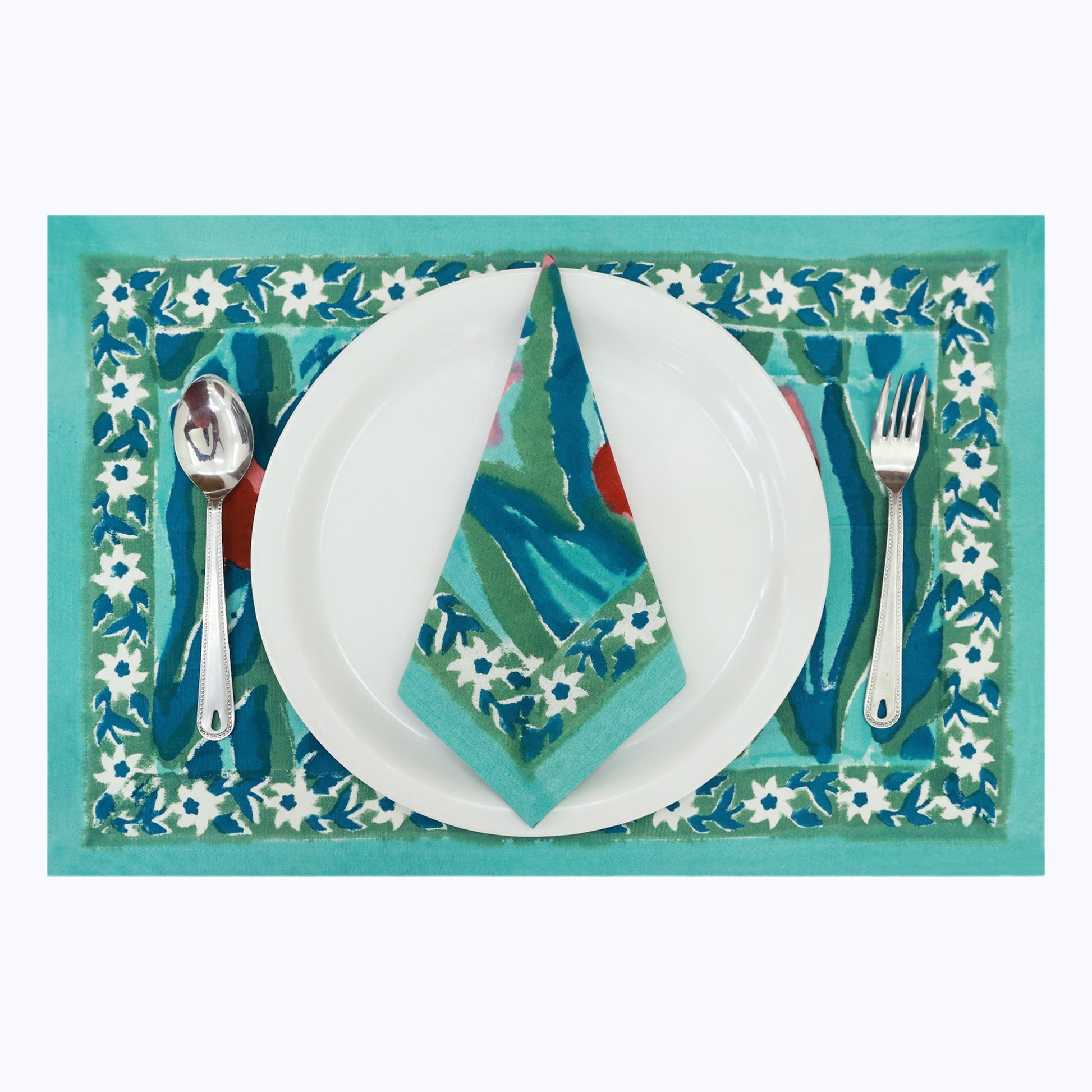 Green and Red Hand Block Printed Cotton Napkins Set Of 4 - My Store