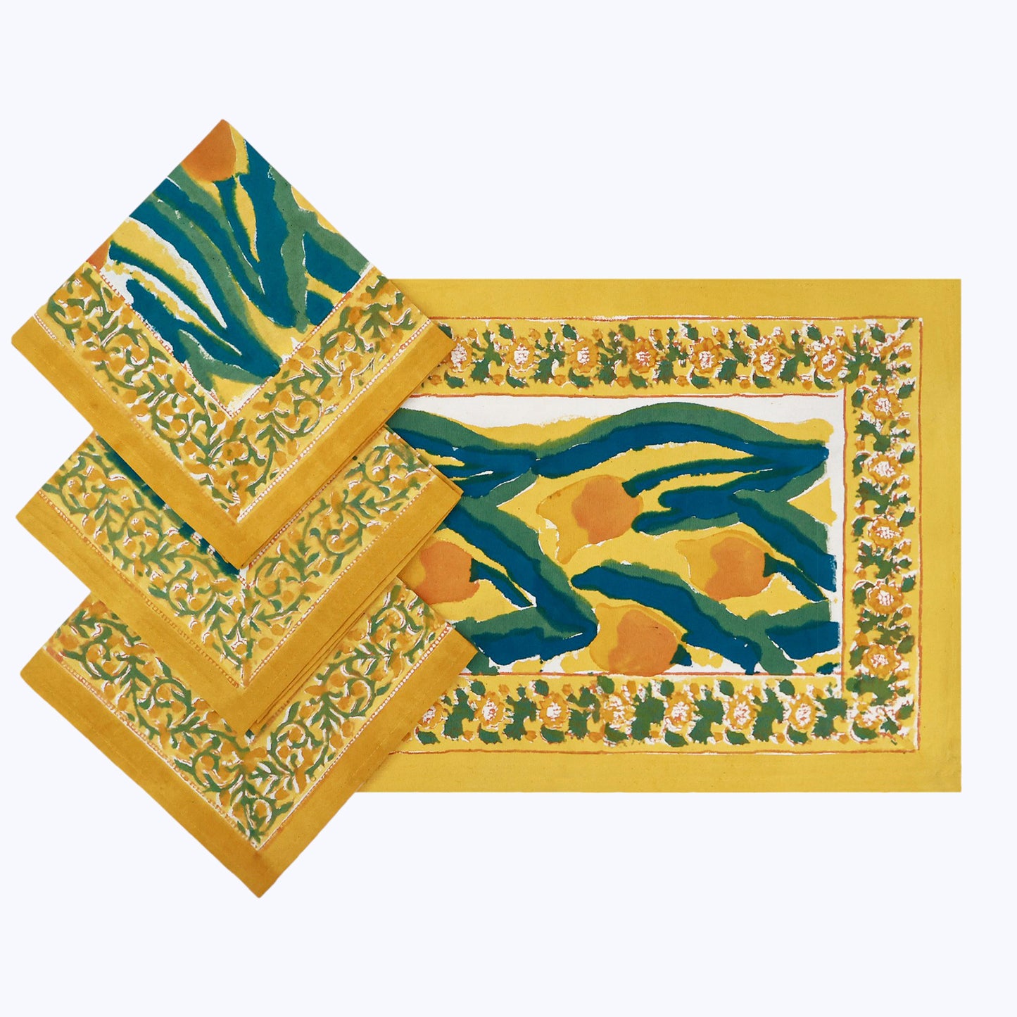 Yellow and Green Handmade Block Printed Cotton Napkins Set Of 4 - My Store