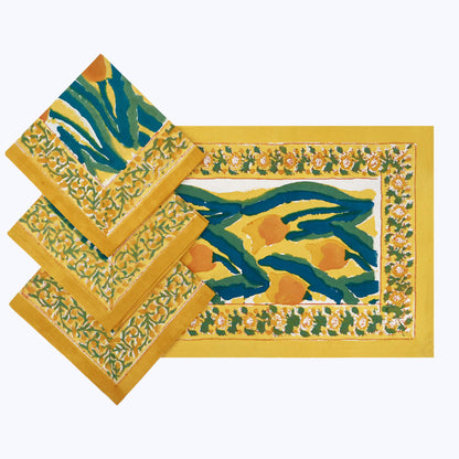 Yellow and Green Handmade Block Printed Cotton Napkins Set Of 4 - My Store