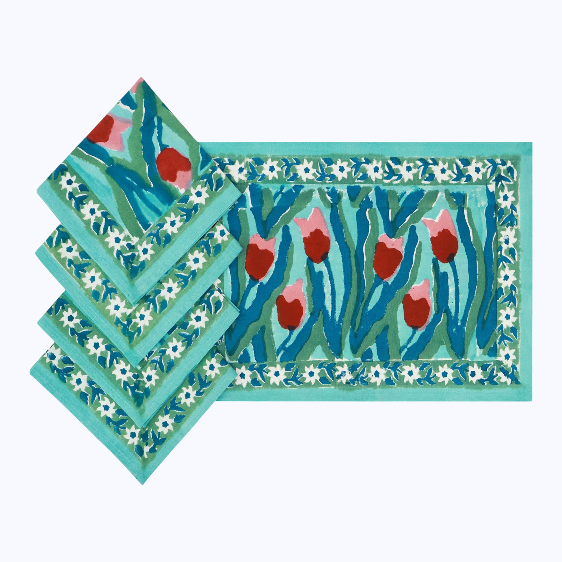 Green and Red Hand Block Printed Cotton Napkins Set Of 4 - My Store