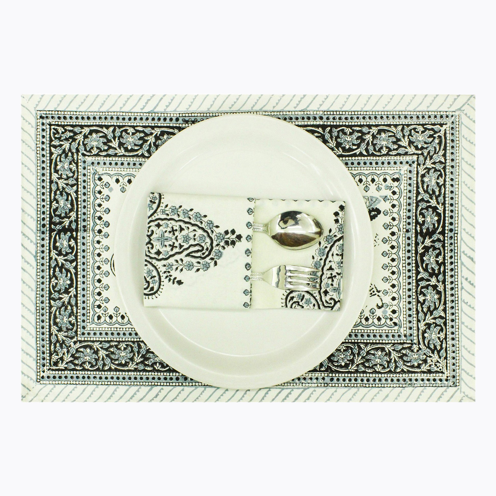 Indian Block Print Napkins Grey and White Set Of 4 Napkins - My Store