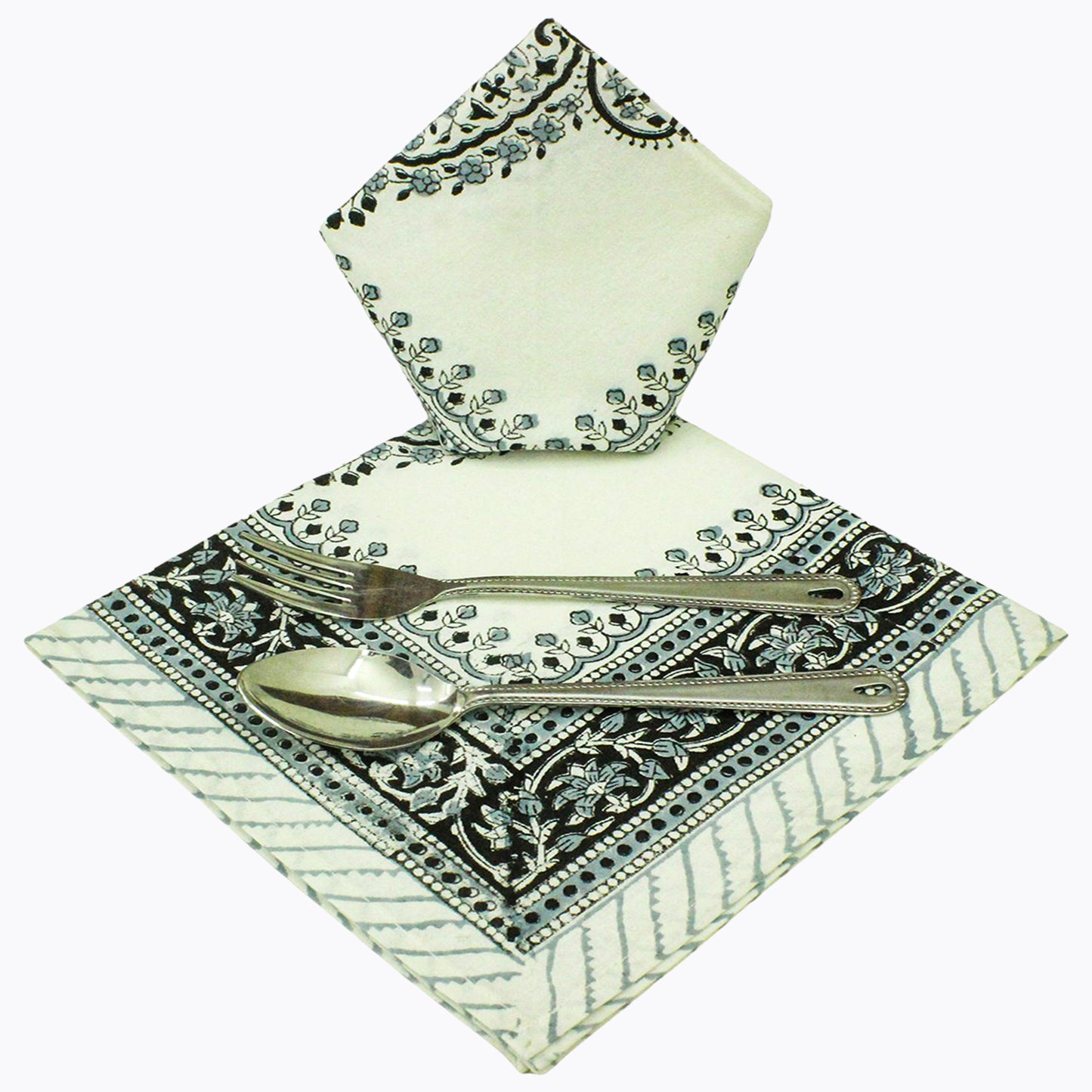 Indian Block Print Napkins Grey and White Set Of 4 Napkins - My Store