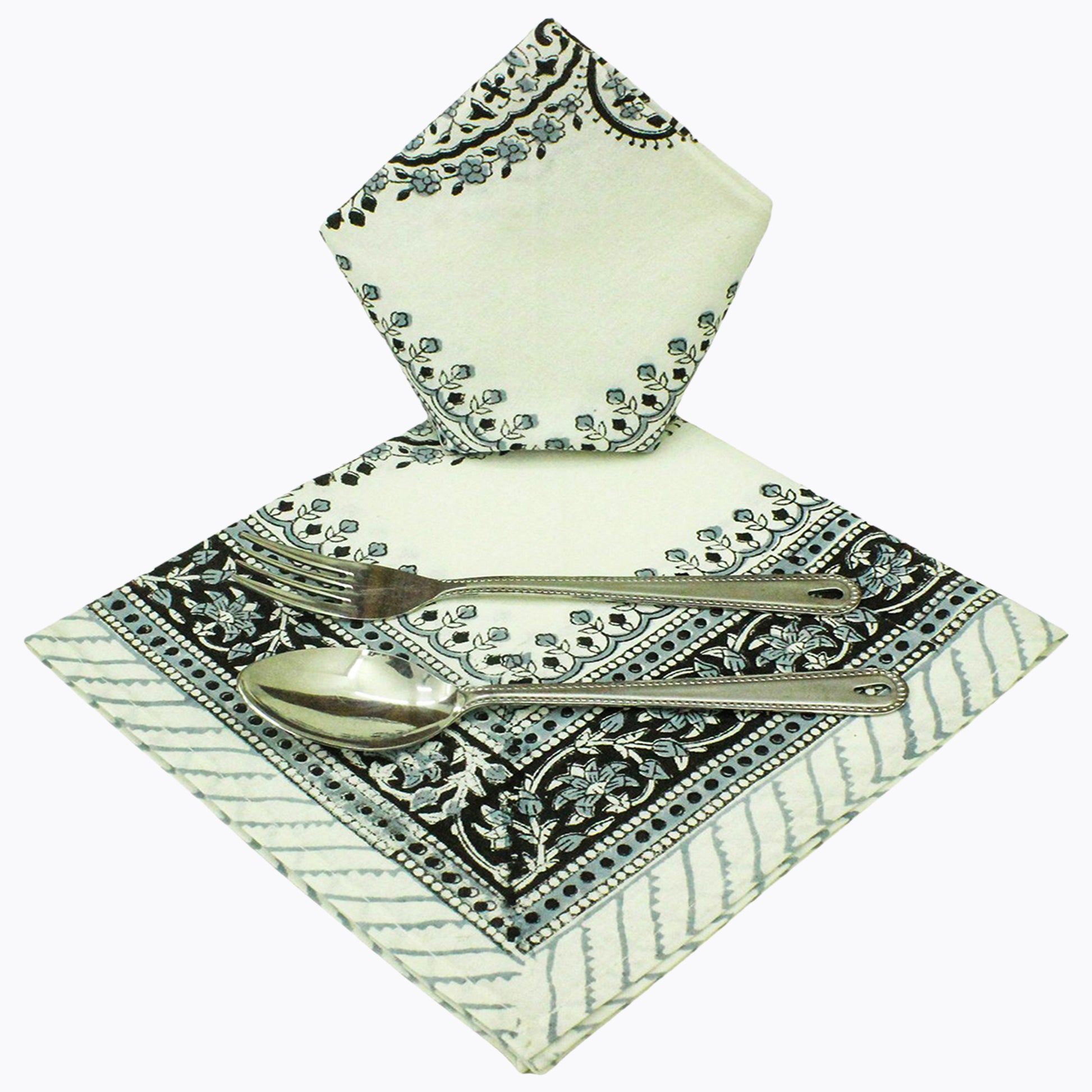 Indian Block Print Napkins Grey and White Set Of 4 Napkins - My Store