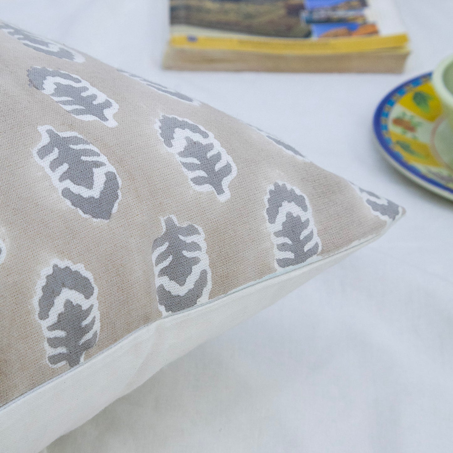 Hand Block Print Beige Leaf Cushion Cover – Cotton Decorative Pillow