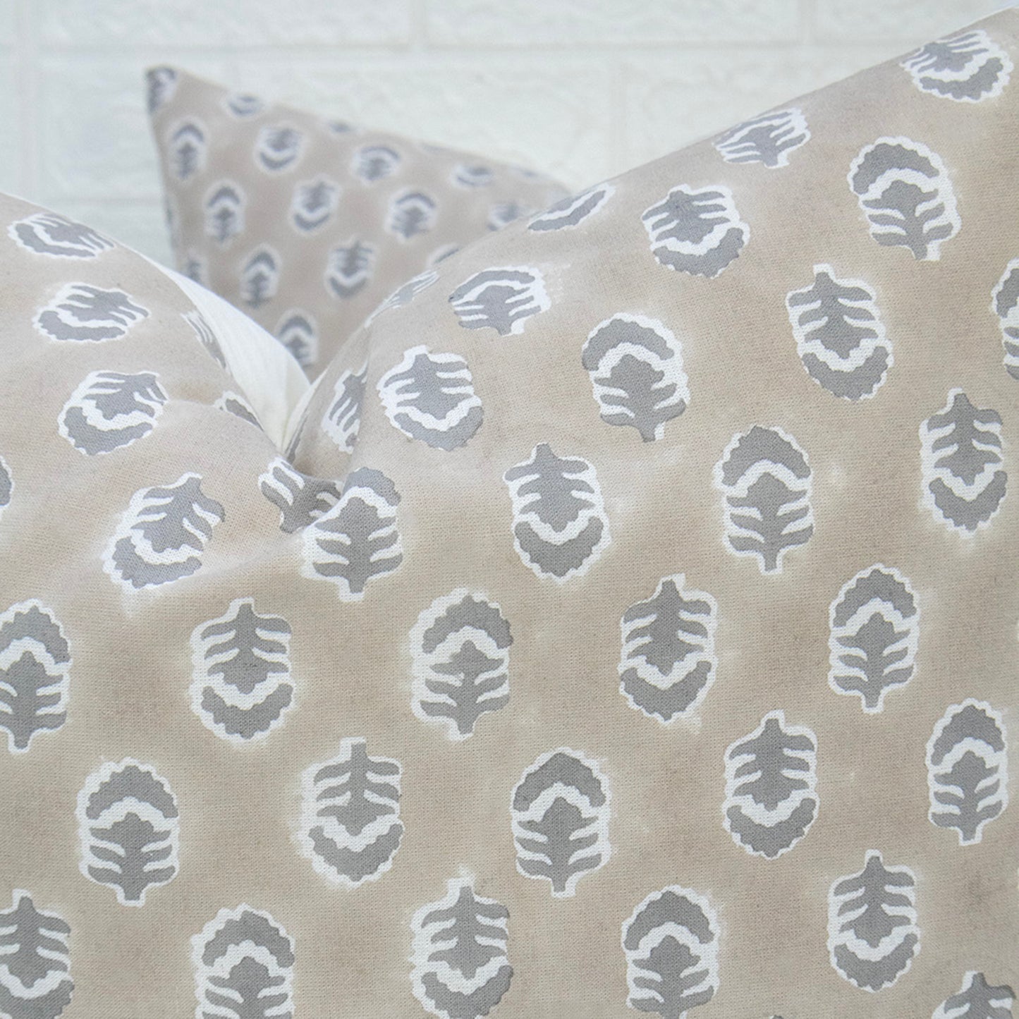 Hand Block Print Beige Leaf Cushion Cover – Cotton Decorative Pillow
