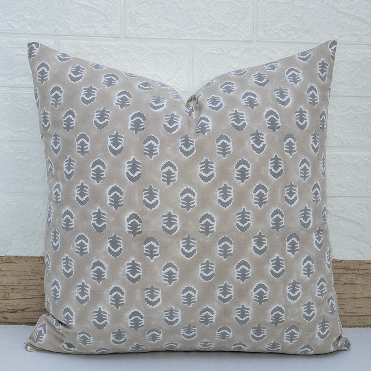 Hand Block Print Beige Leaf Cushion Cover – Cotton Decorative Pillow