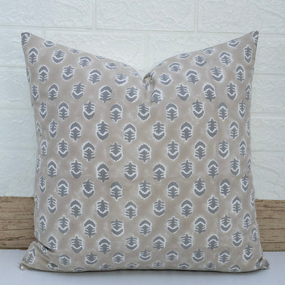 Hand Block Print Beige Leaf Cushion Cover – Cotton Decorative Pillow