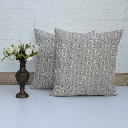 Hand Block Print Beige Leaf Cushion Cover – Cotton Decorative Pillow