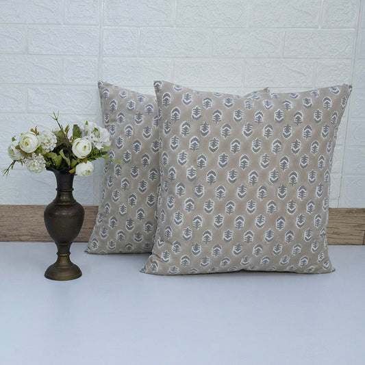 Hand Block Print Beige Leaf Cushion Cover – Cotton Decorative Pillow
