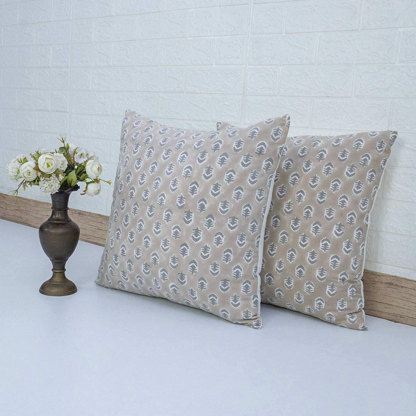 Hand Block Print Beige Leaf Cushion Cover – Cotton Decorative Pillow