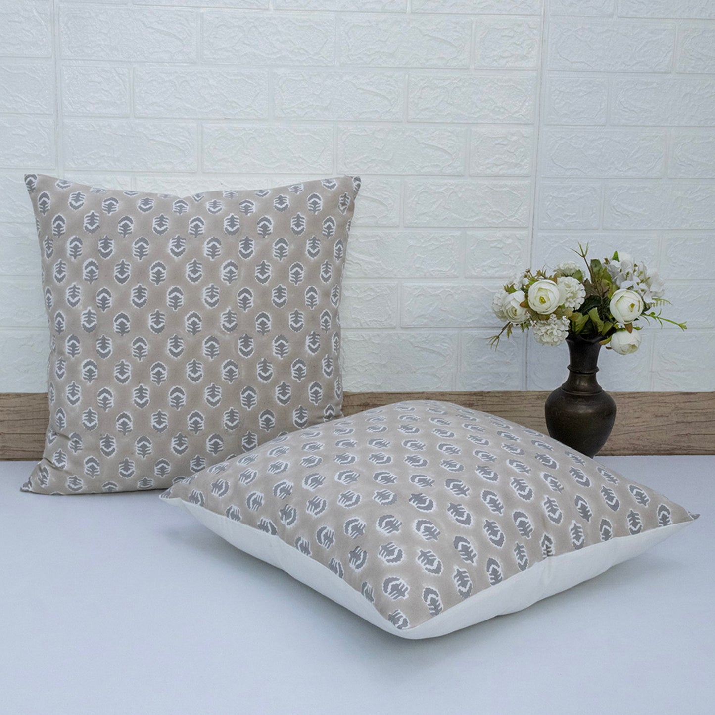 Hand Block Print Beige Leaf Cushion Cover – Cotton Decorative Pillow