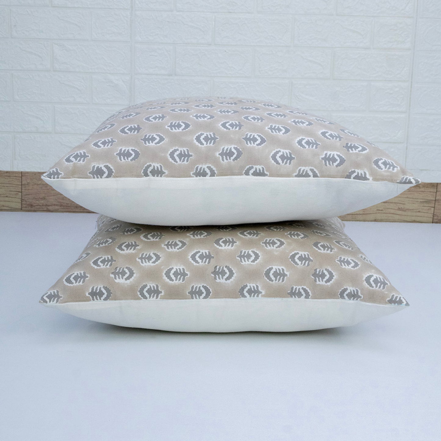 Hand Block Print Beige Leaf Cushion Cover – Cotton Decorative Pillow