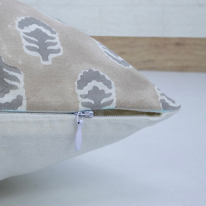 Hand Block Print Beige Leaf Cushion Cover – Cotton Decorative Pillow