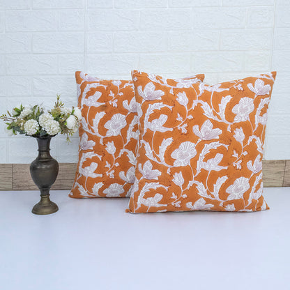 Orange White Floral Block Print Cushion Cover – Decorative Pillow