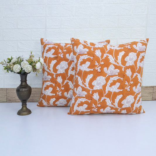 Orange White Floral Block Print Cushion Cover – Decorative Pillow