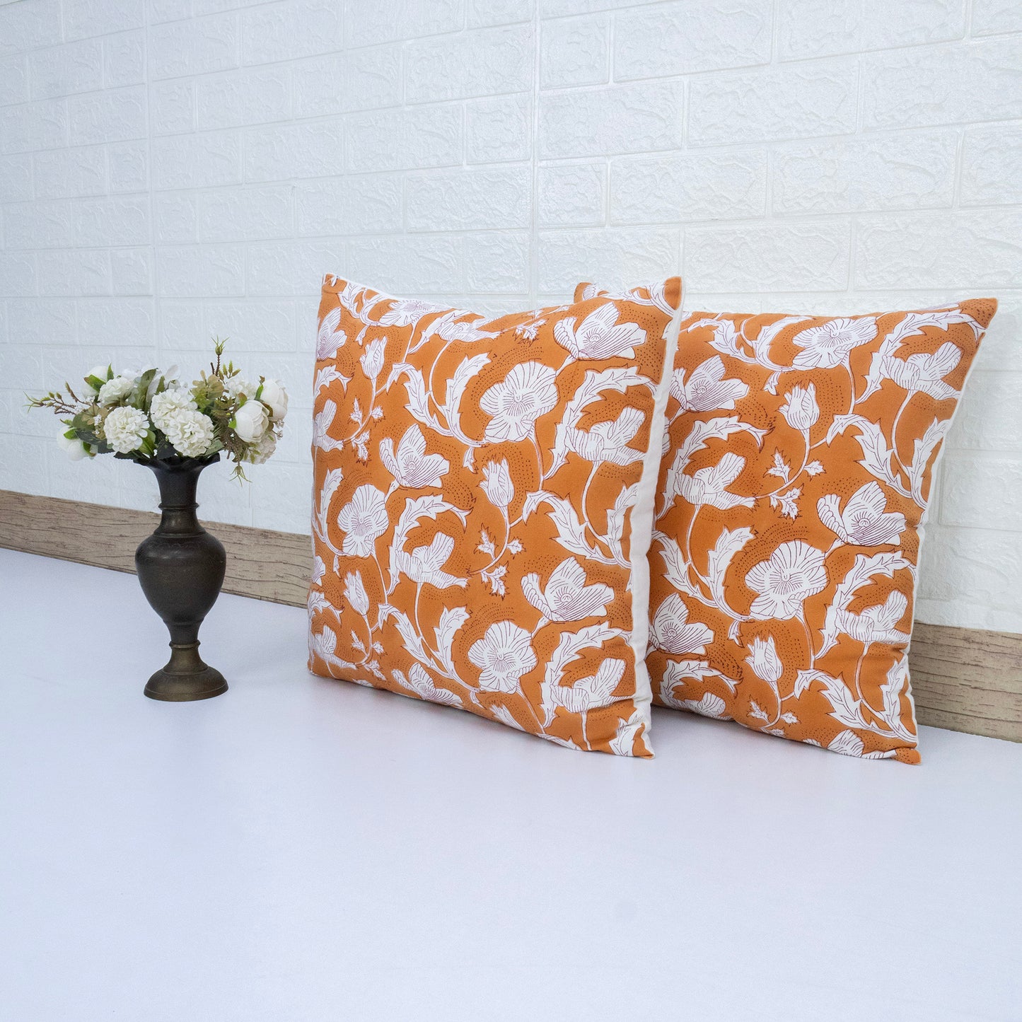 Orange White Floral Block Print Cushion Cover – Decorative Pillow