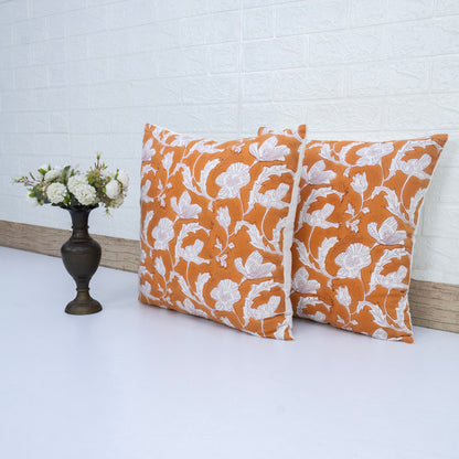 Orange White Floral Block Print Cushion Cover – Decorative Pillow