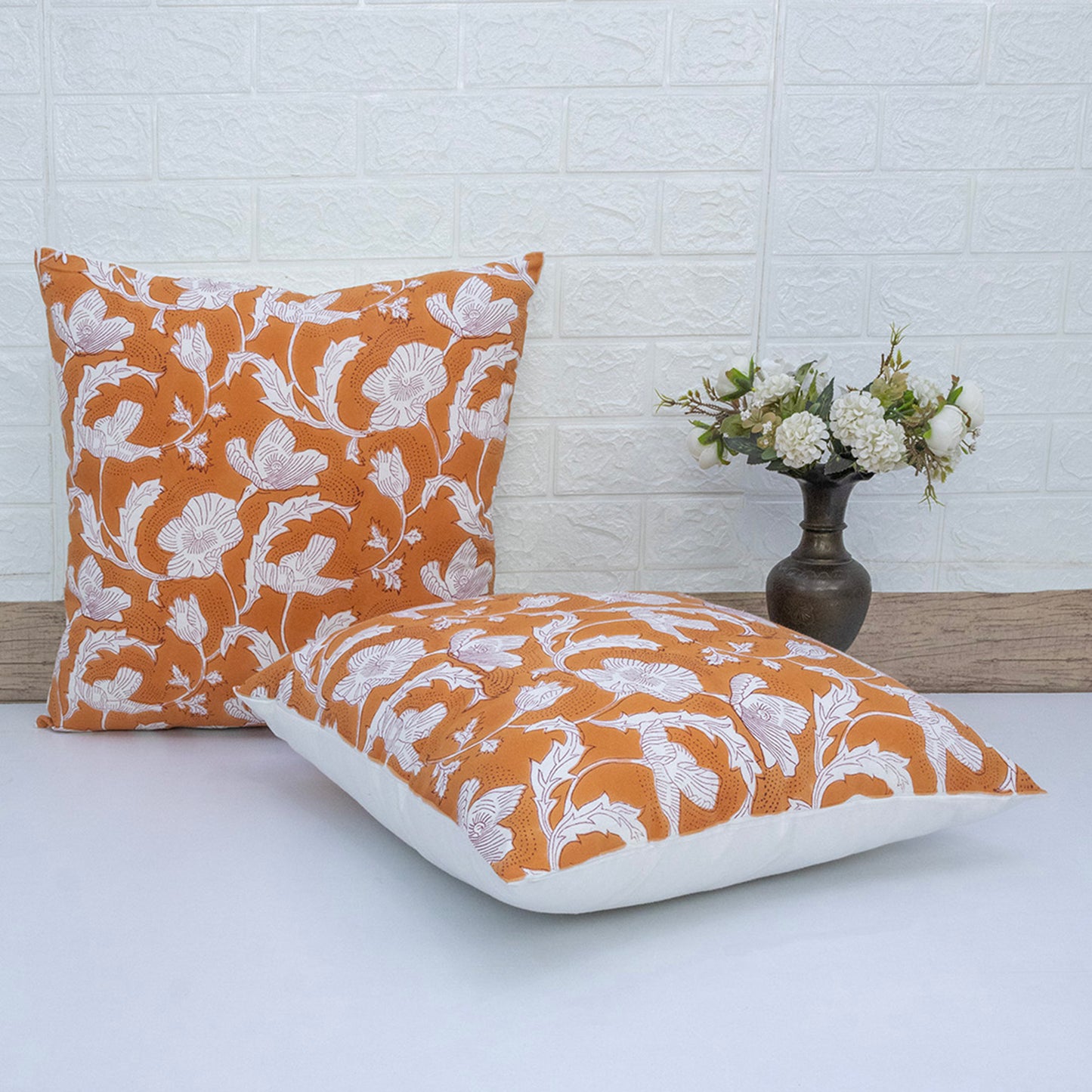 Orange White Floral Block Print Cushion Cover – Decorative Pillow
