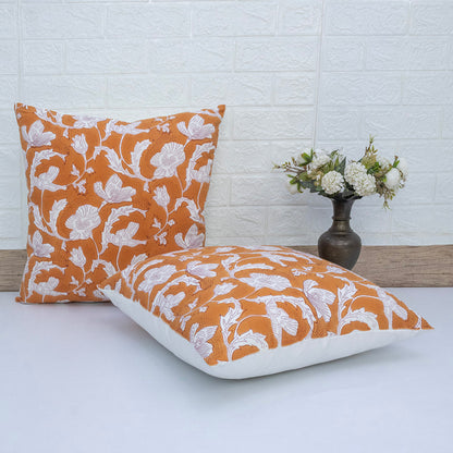 Orange White Floral Block Print Cushion Cover – Decorative Pillow