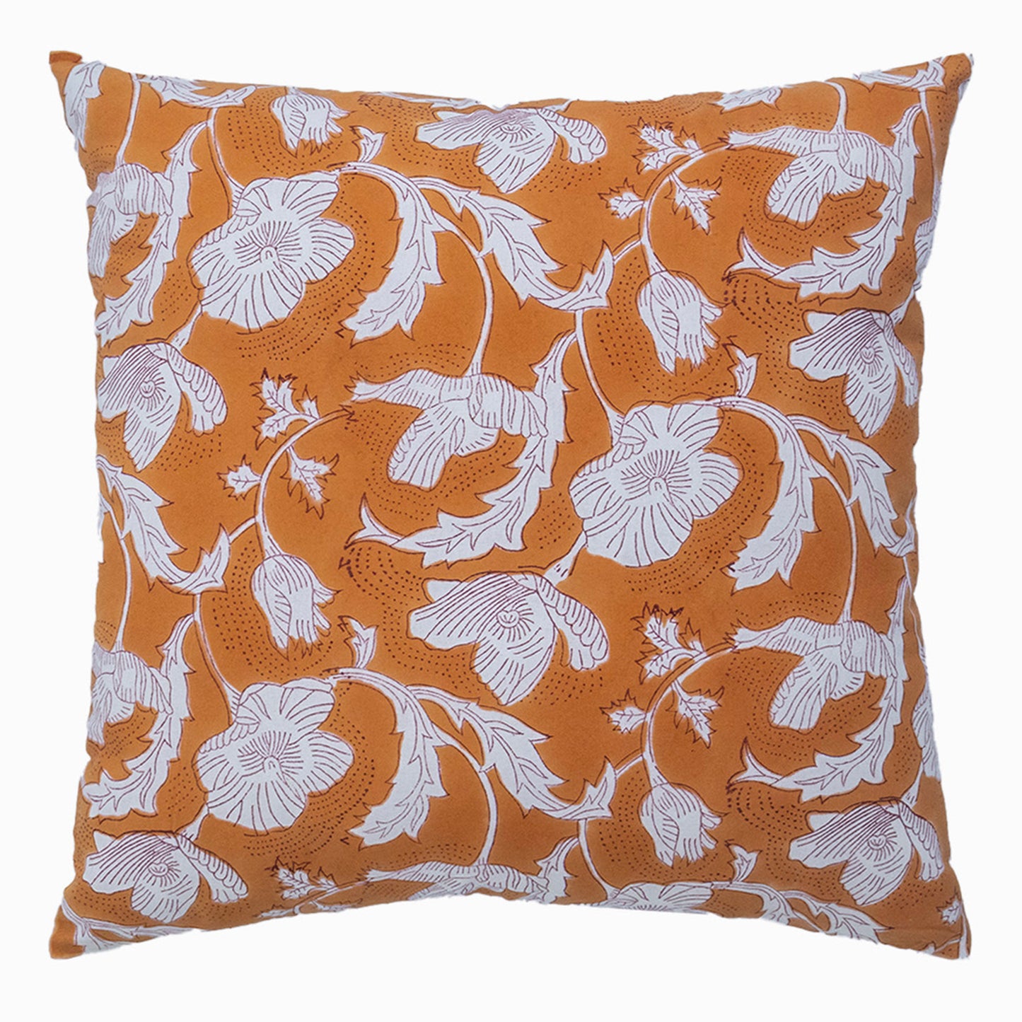 Orange White Floral Block Print Cushion Cover – Decorative Pillow