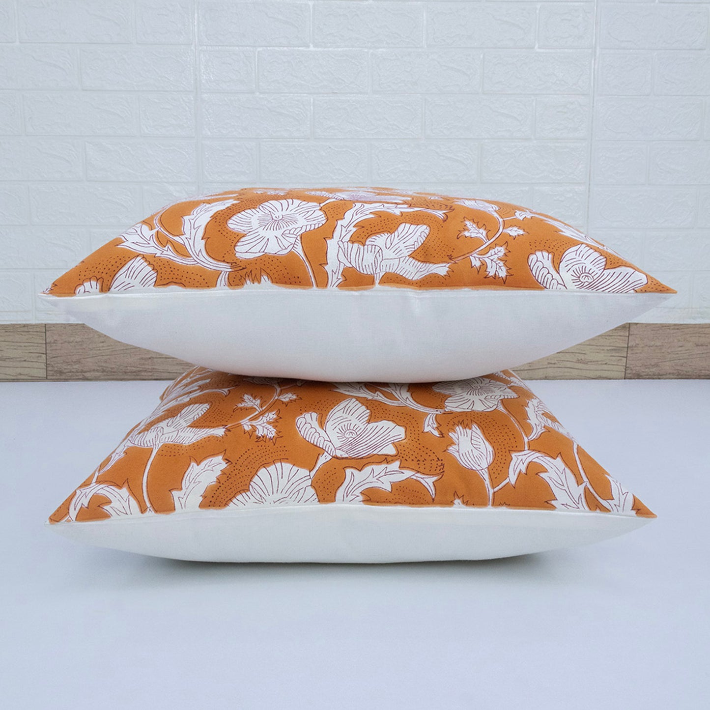 Orange White Floral Block Print Cushion Cover – Decorative Pillow
