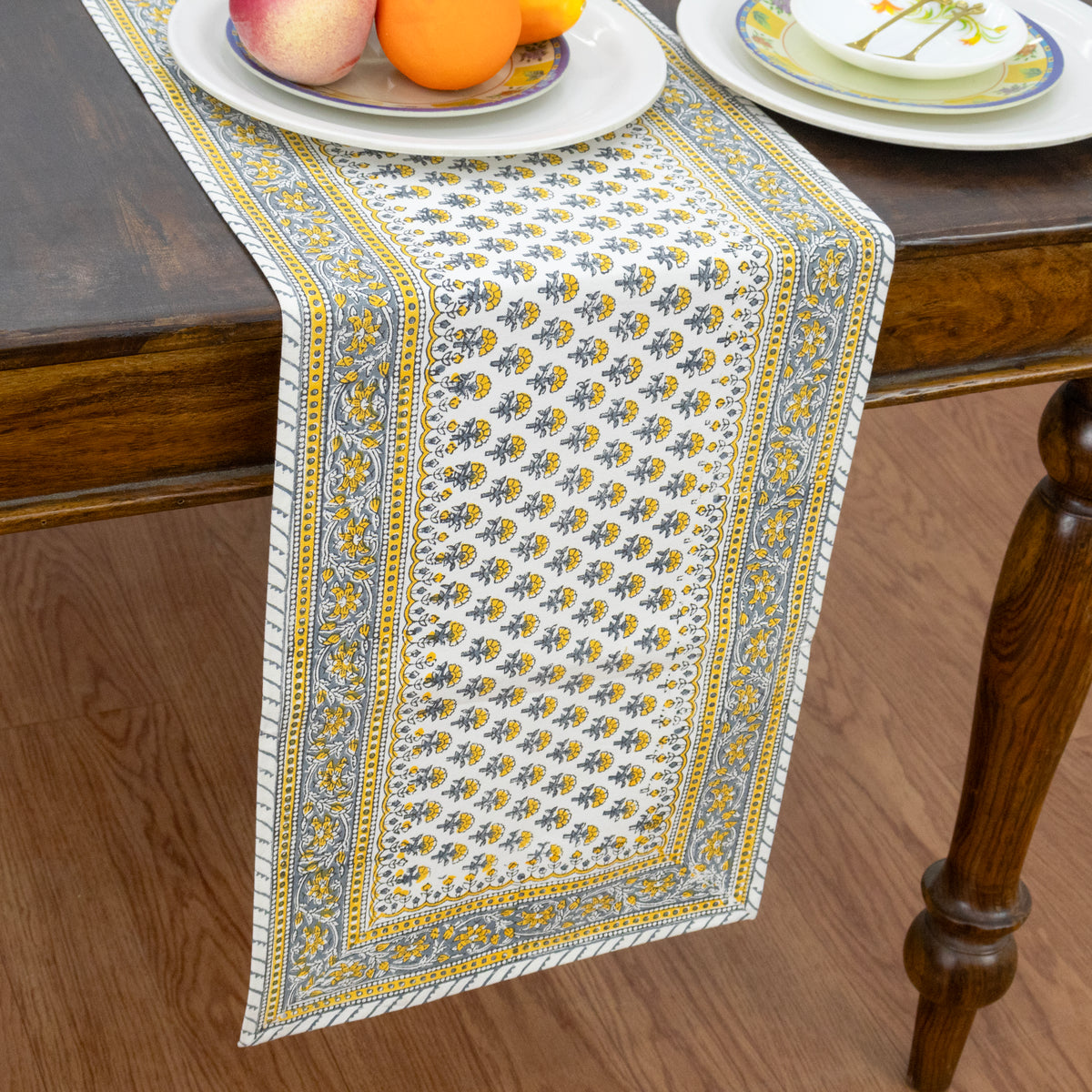 Yellow Grey Floral Block Print Table Runner Indian Cotton Boho Farmhouse Dining Decor Custom Size Hand Printed