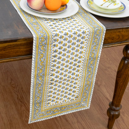 Yellow Grey Floral Block Print Table Runner Indian Cotton Boho Farmhouse Dining Decor Custom Size Hand Printed