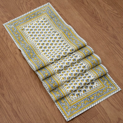Yellow Grey Floral Block Print Table Runner Indian Cotton Boho Farmhouse Dining Decor Custom Size Hand Printed
