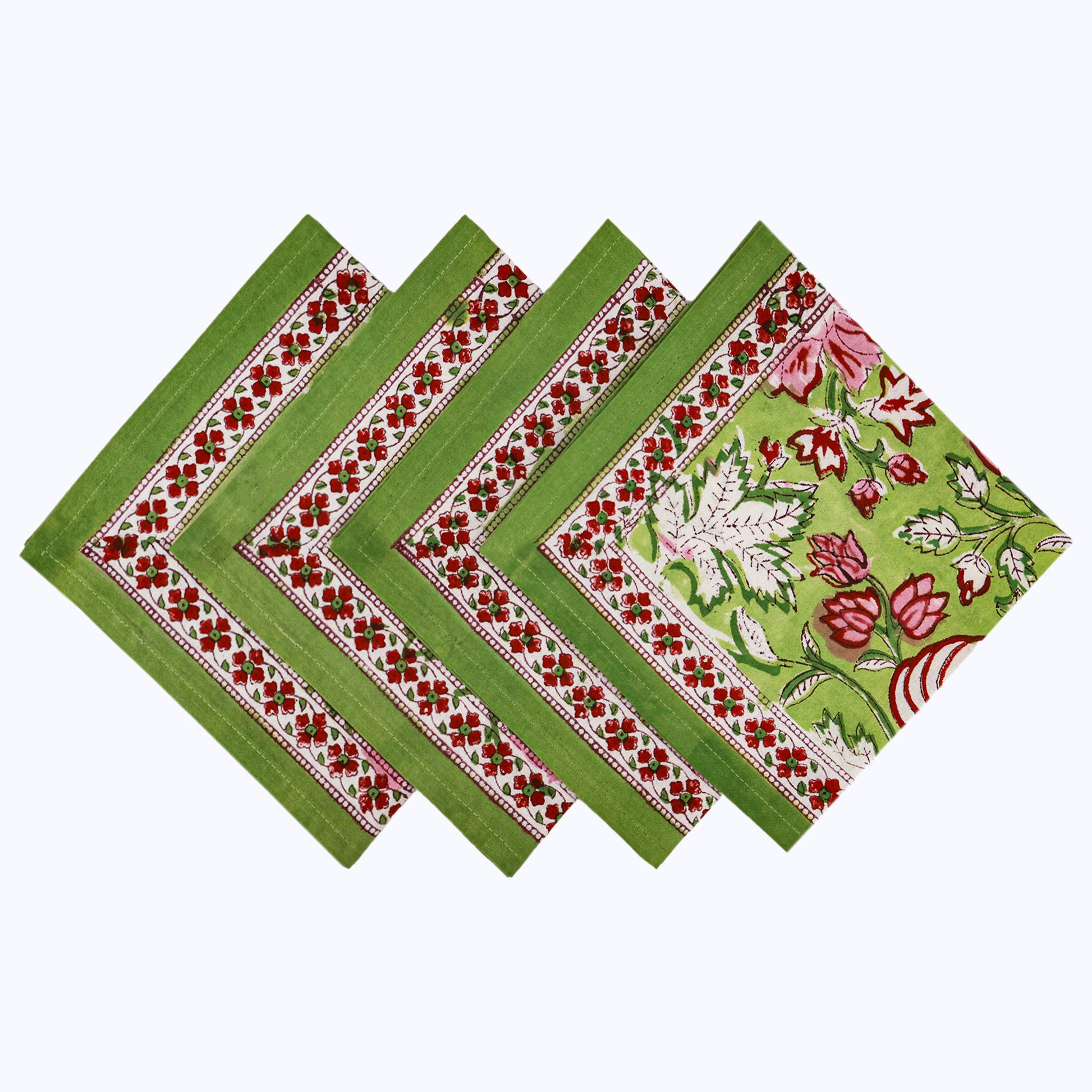 Green and Red Hand Block Printed Cotton Napkins Set Of 4 - My Store