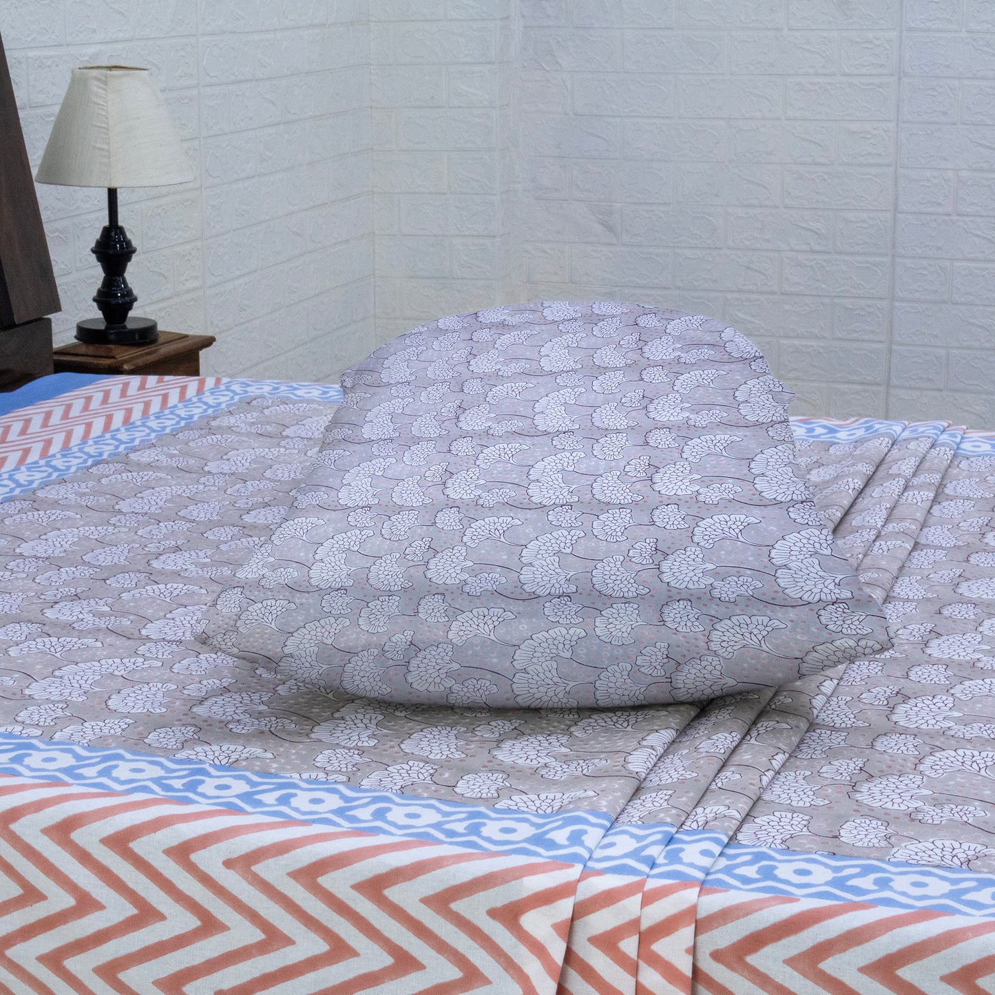 Indian Handmade Block Printed Gray and Blue Floral Pattern Cotton Bed sheet For living Room, Kids Room - My Store