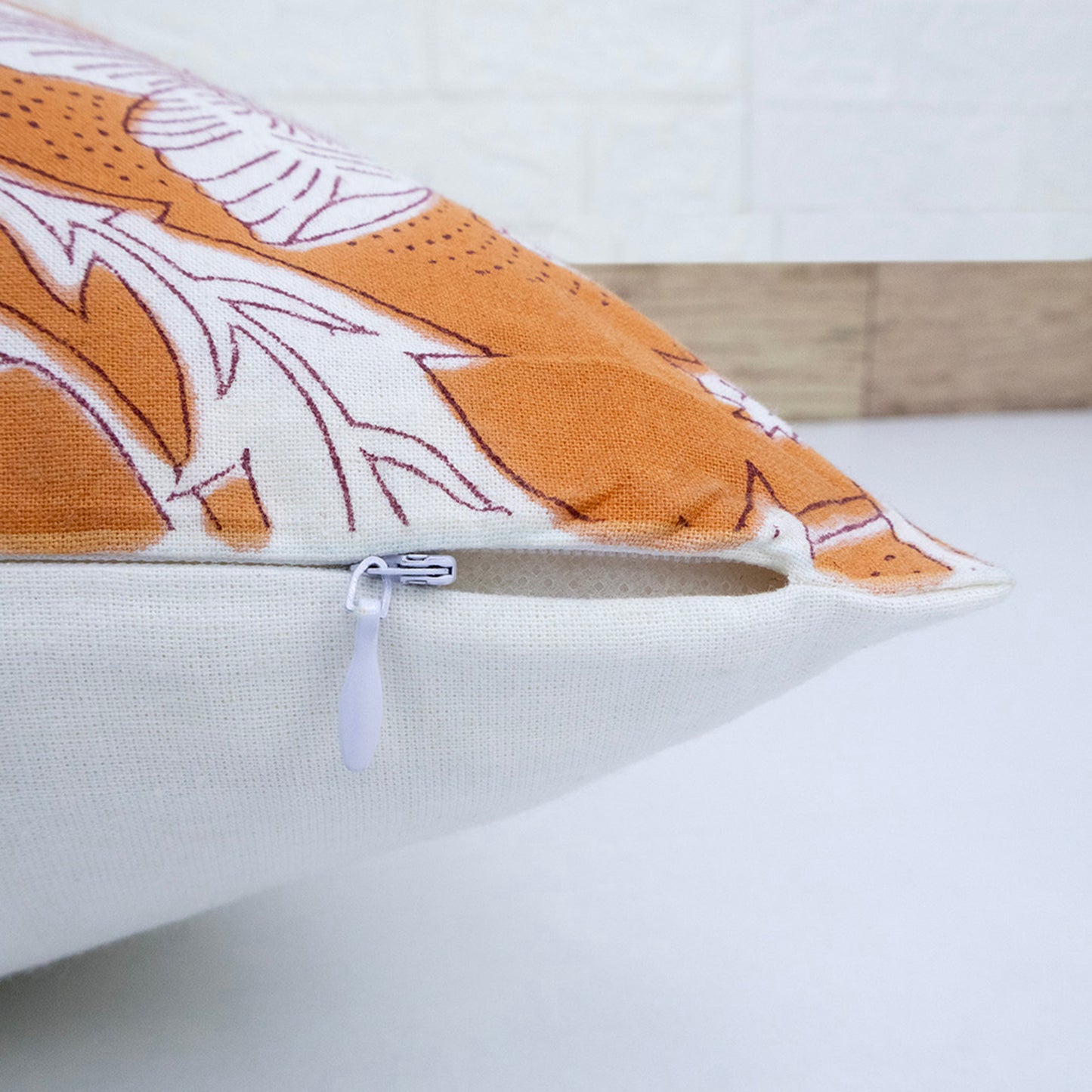 Orange White Floral Block Print Cushion Cover – Decorative Pillow