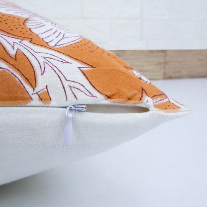 Orange White Floral Block Print Cushion Cover – Decorative Pillow