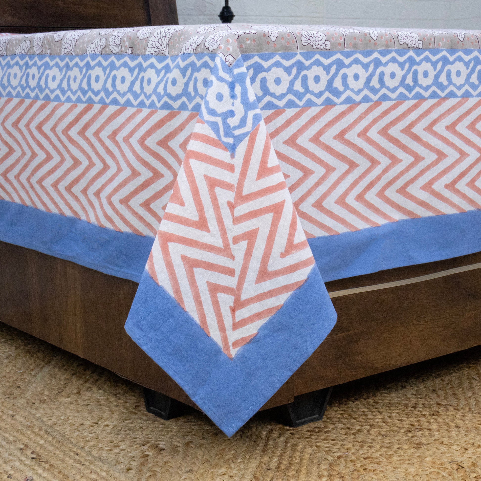 Indian Handmade Block Printed Gray and Blue Floral Pattern Cotton Bed sheet For living Room, Kids Room - My Store