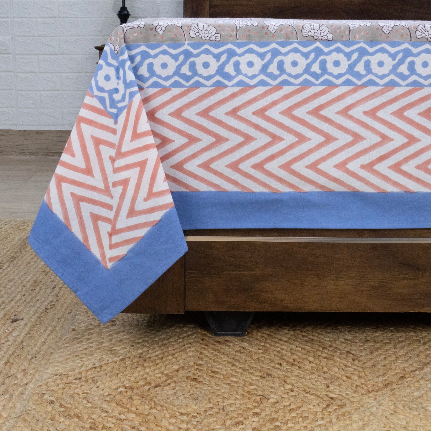 Indian Handmade Block Printed Gray and Blue Floral Pattern Cotton Bed sheet For living Room, Kids Room - My Store