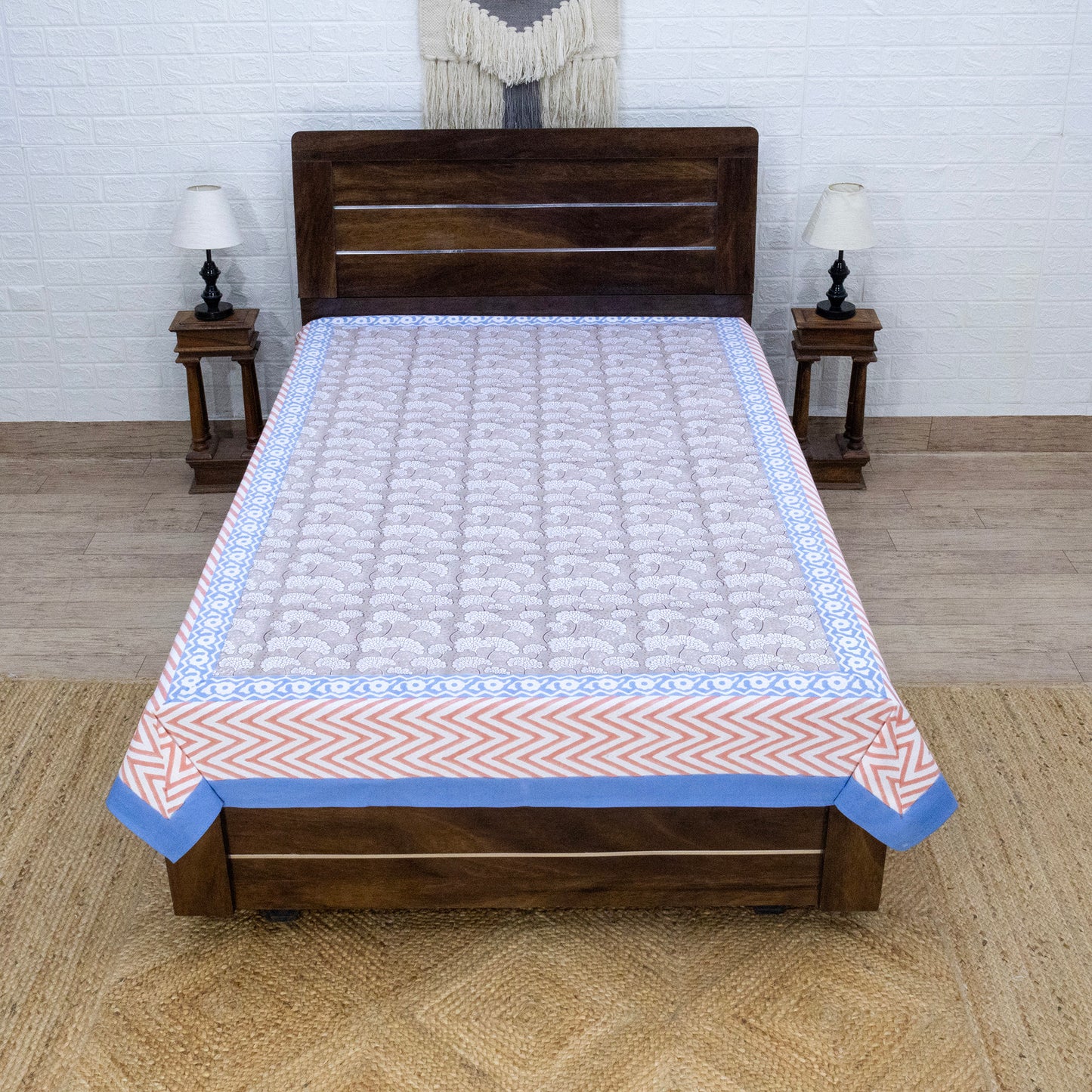 Indian Handmade Block Printed Gray and Blue Floral Pattern Cotton Bed sheet For living Room, Kids Room - My Store