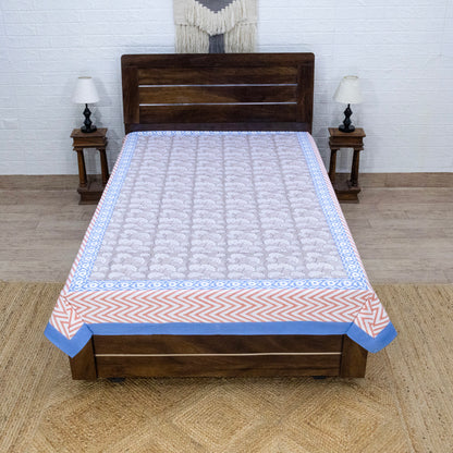 Indian Handmade Block Printed Gray and Blue Floral Pattern Cotton Bed sheet For living Room, Kids Room - My Store