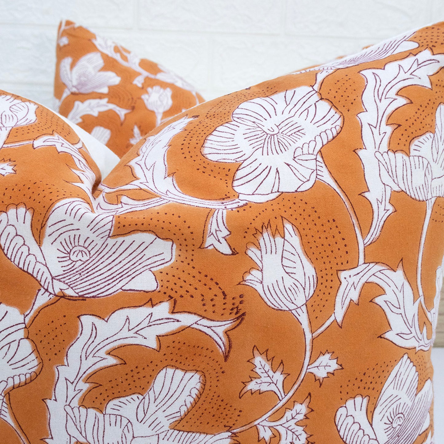 Orange White Floral Block Print Cushion Cover – Decorative Pillow