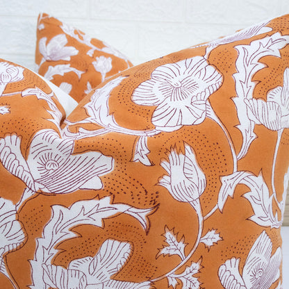 Orange White Floral Block Print Cushion Cover – Decorative Pillow