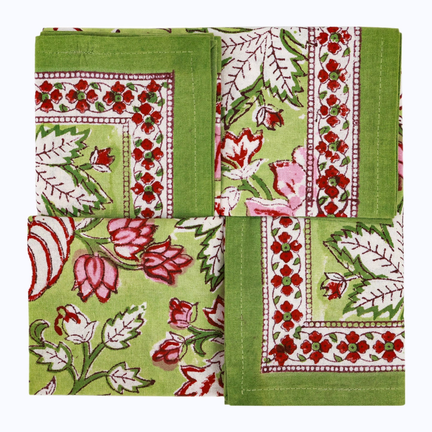 Green and Red Hand Block Printed Cotton Napkins Set Of 4 - My Store
