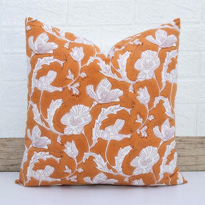 Orange White Floral Block Print Cushion Cover – Decorative Pillow