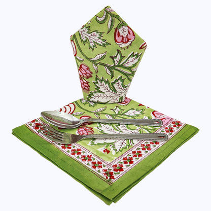 Green and Red Hand Block Printed Cotton Napkins Set Of 4 - My Store