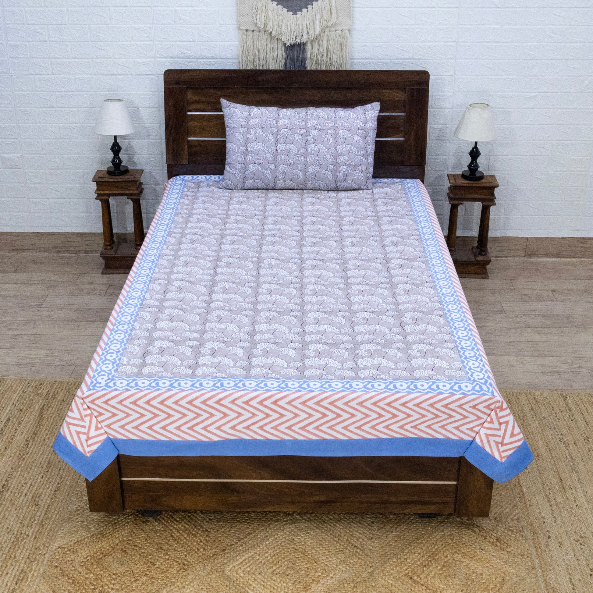 Indian Handmade Block Printed Gray and Blue Floral Pattern Cotton Bed sheet For living Room, Kids Room - My Store