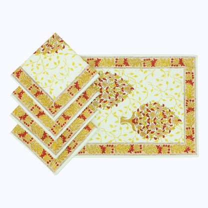 Floral Yellow and White Hand Block Printed Cotton Set 4 Napkins - My Store