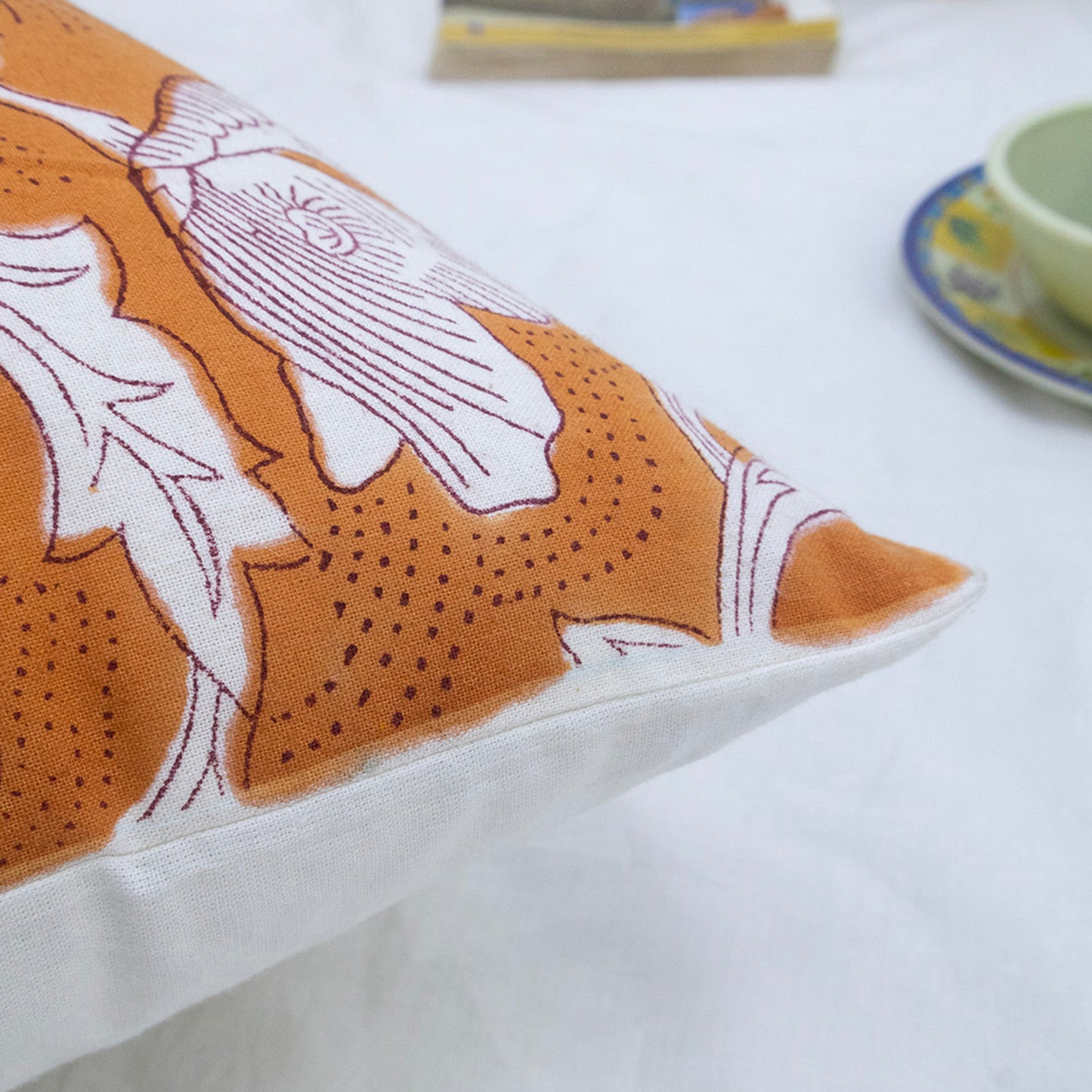 Orange White Floral Block Print Cushion Cover – Decorative Pillow