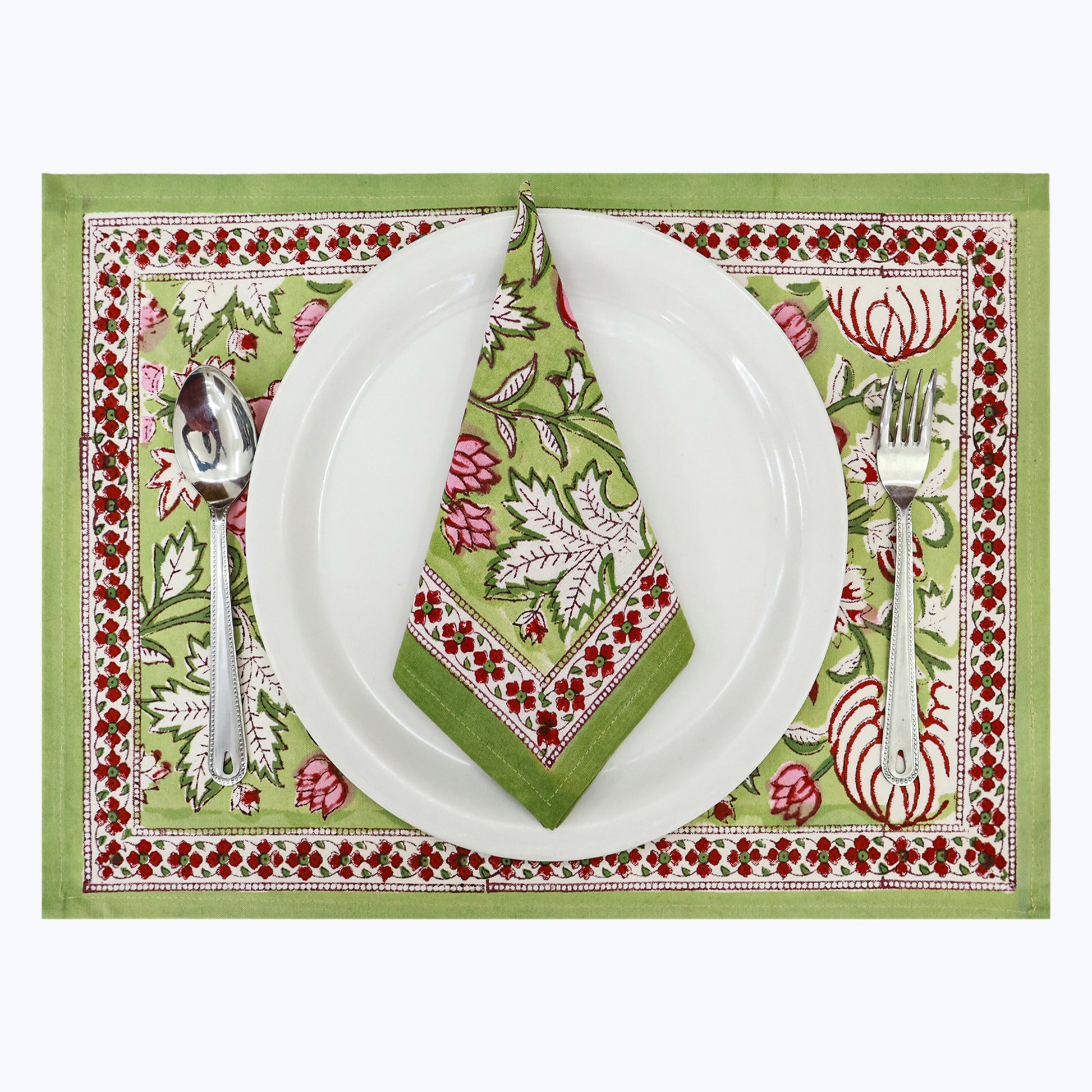 Green and Red Hand Block Printed Cotton Napkins Set Of 4 - My Store