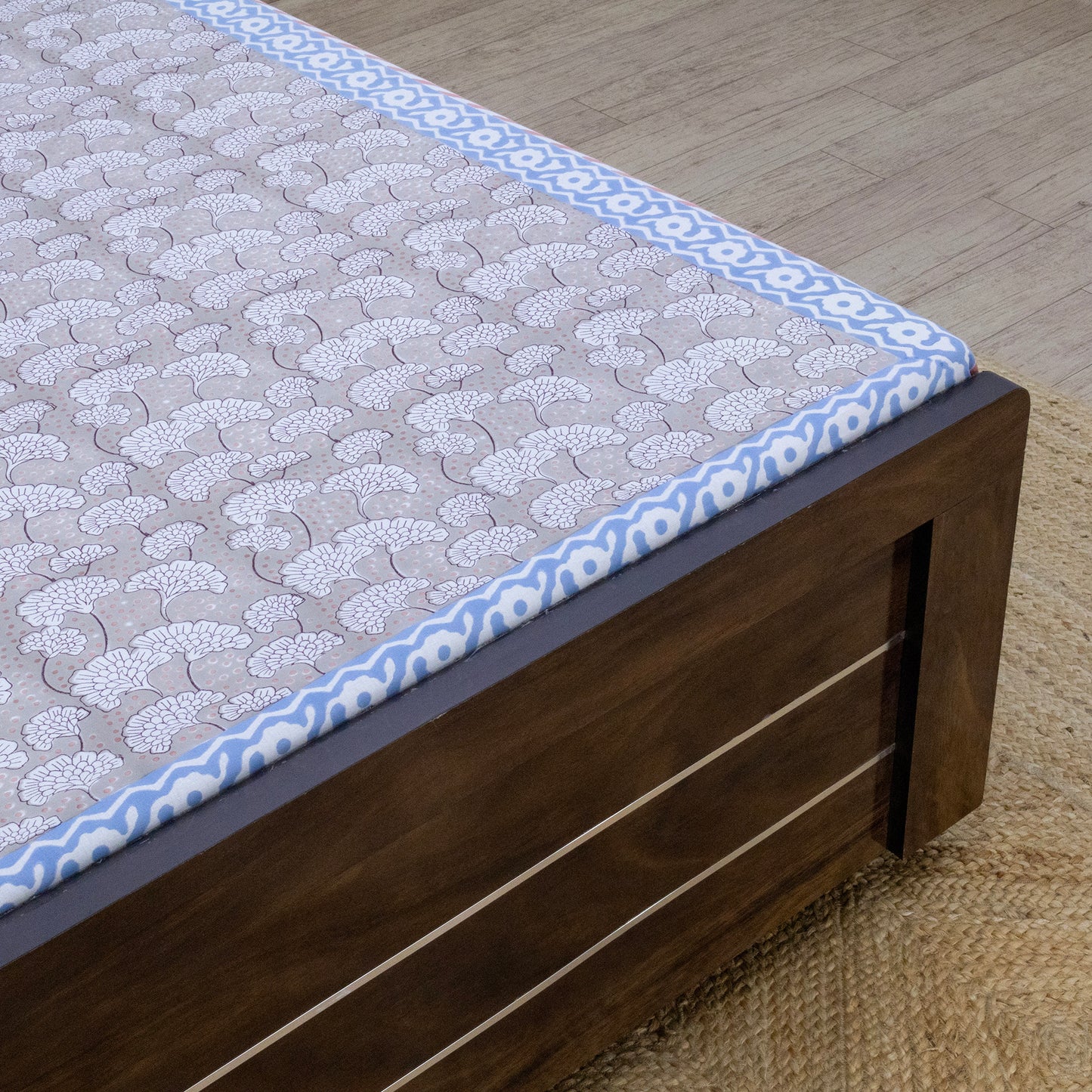 Indian Handmade Block Printed Gray and Blue Floral Pattern Cotton Bed sheet For living Room, Kids Room - My Store