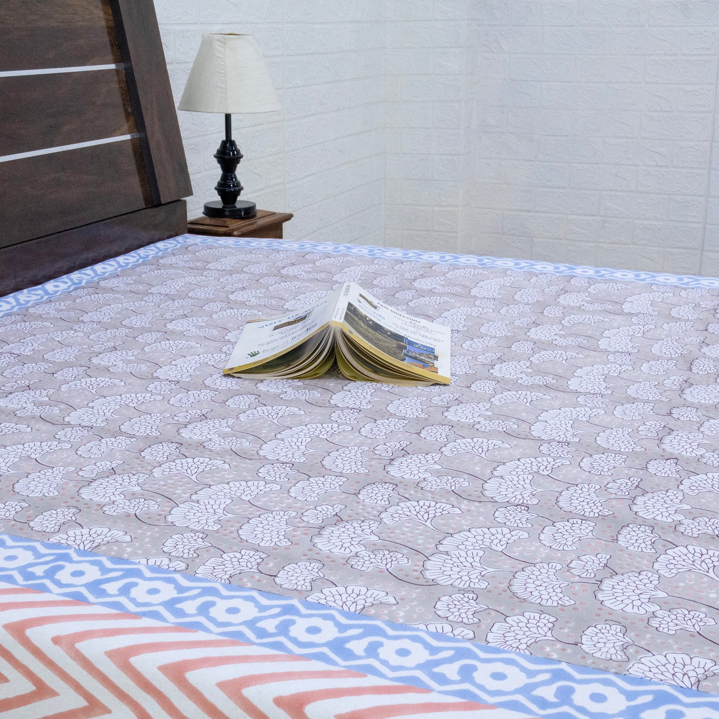 Indian Handmade Block Printed Gray and Blue Floral Pattern Cotton Bed sheet For living Room, Kids Room - My Store