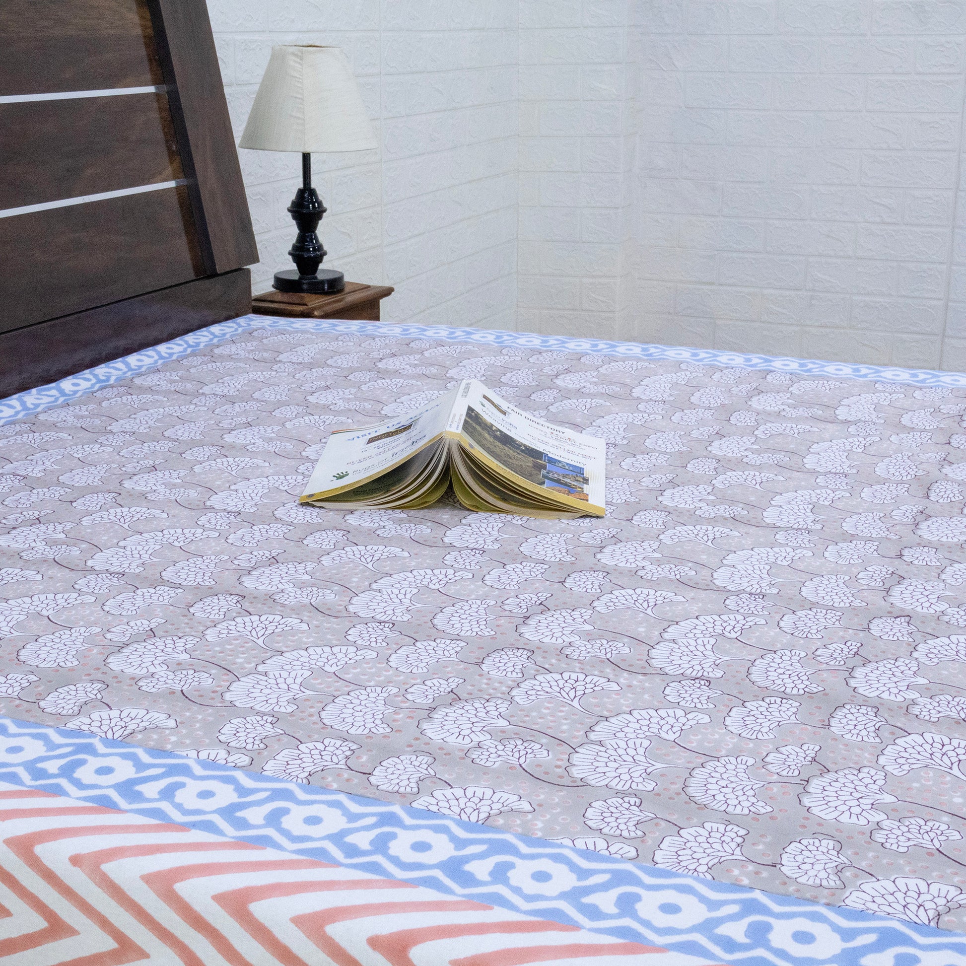 Indian Handmade Block Printed Gray and Blue Floral Pattern Cotton Bed sheet For living Room, Kids Room - My Store