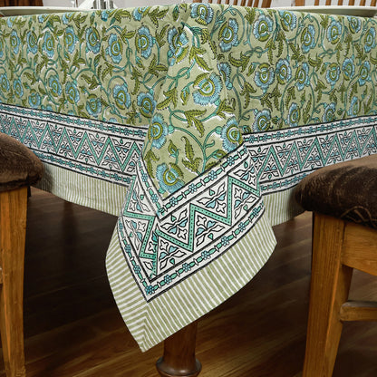 Indian Hand Block Printed Cotton Green Blue Rectangle Tablecloth - My Store